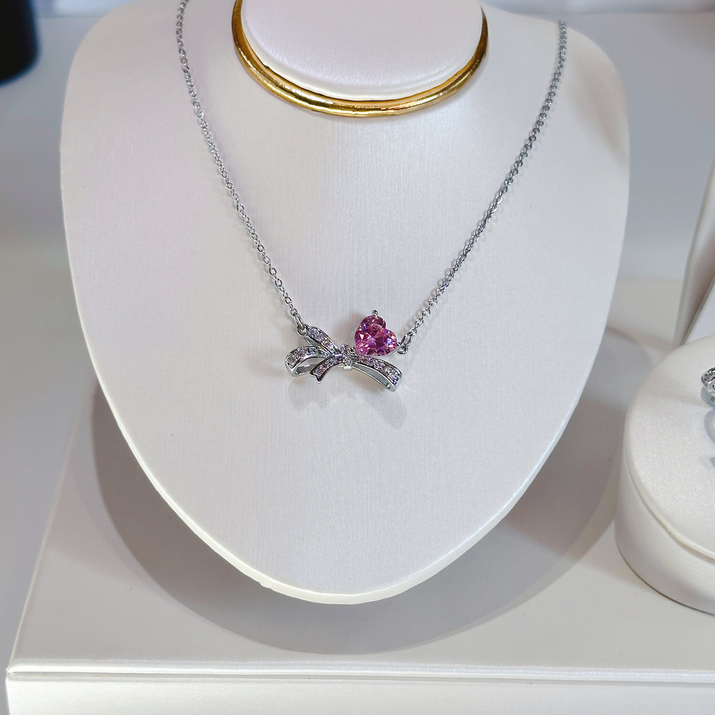 Bow Knot Jewelry Set - Necklace, Earrings & Ring with Pink Zircon | Delicate & Feminine Trio - Pale Luna Jewelry