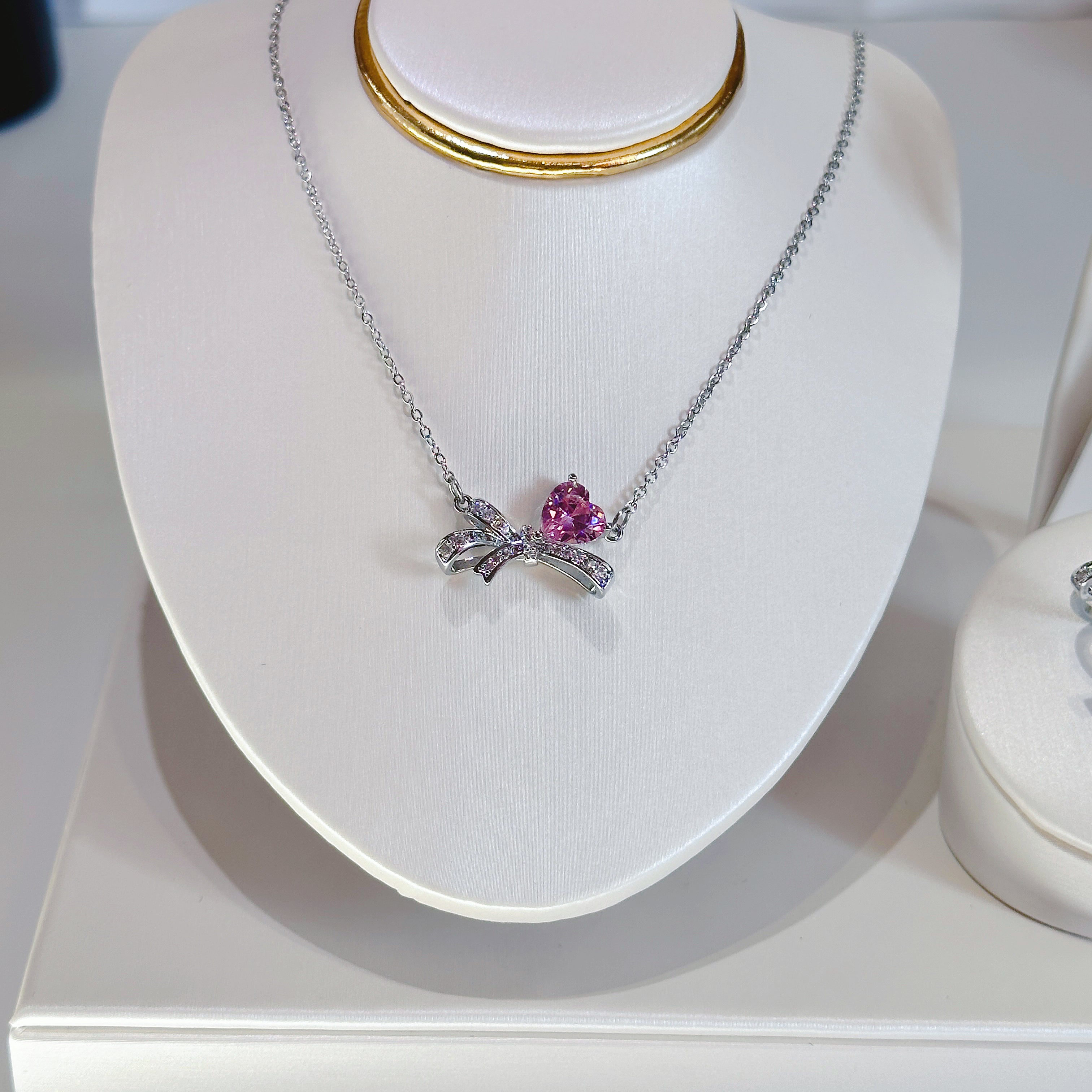 Bow Knot Jewelry Set - Necklace, Earrings & Ring with Pink Zircon | Delicate & Feminine Trio - Pale Luna Jewelry