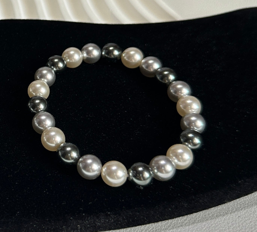 Black White Gray Pearl Bracelet - Mixed Size 8mm & 10mm Cultured Pearls on Elastic Cord | One-Size Fits Most