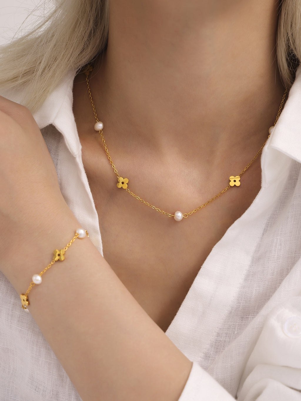 The Pearl Chain Blossom Set - Freshwater Pearl & Floral Link Necklace & Bracelet