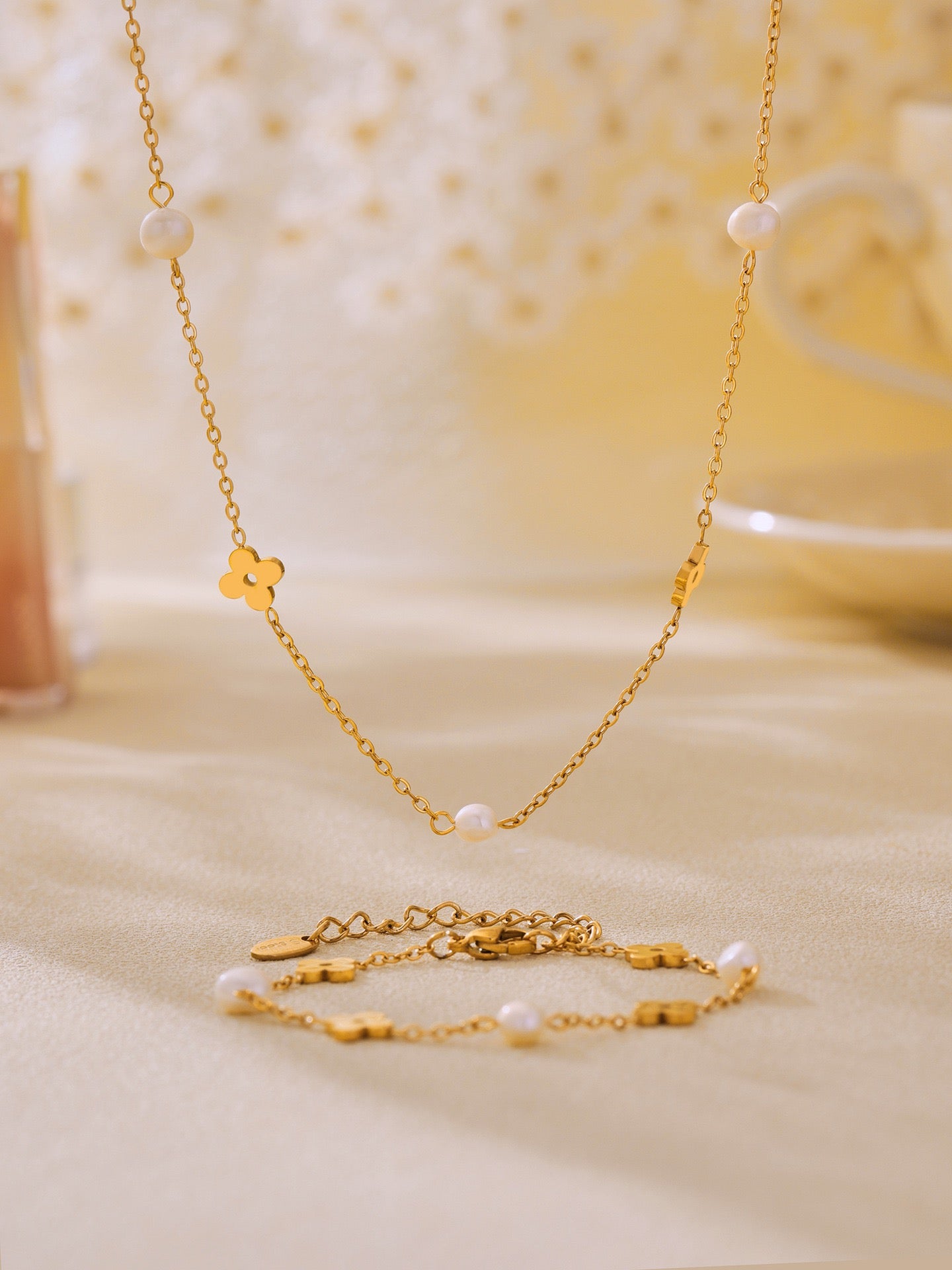 The Pearl Chain Blossom Set - Freshwater Pearl & Floral Link Necklace & Bracelet