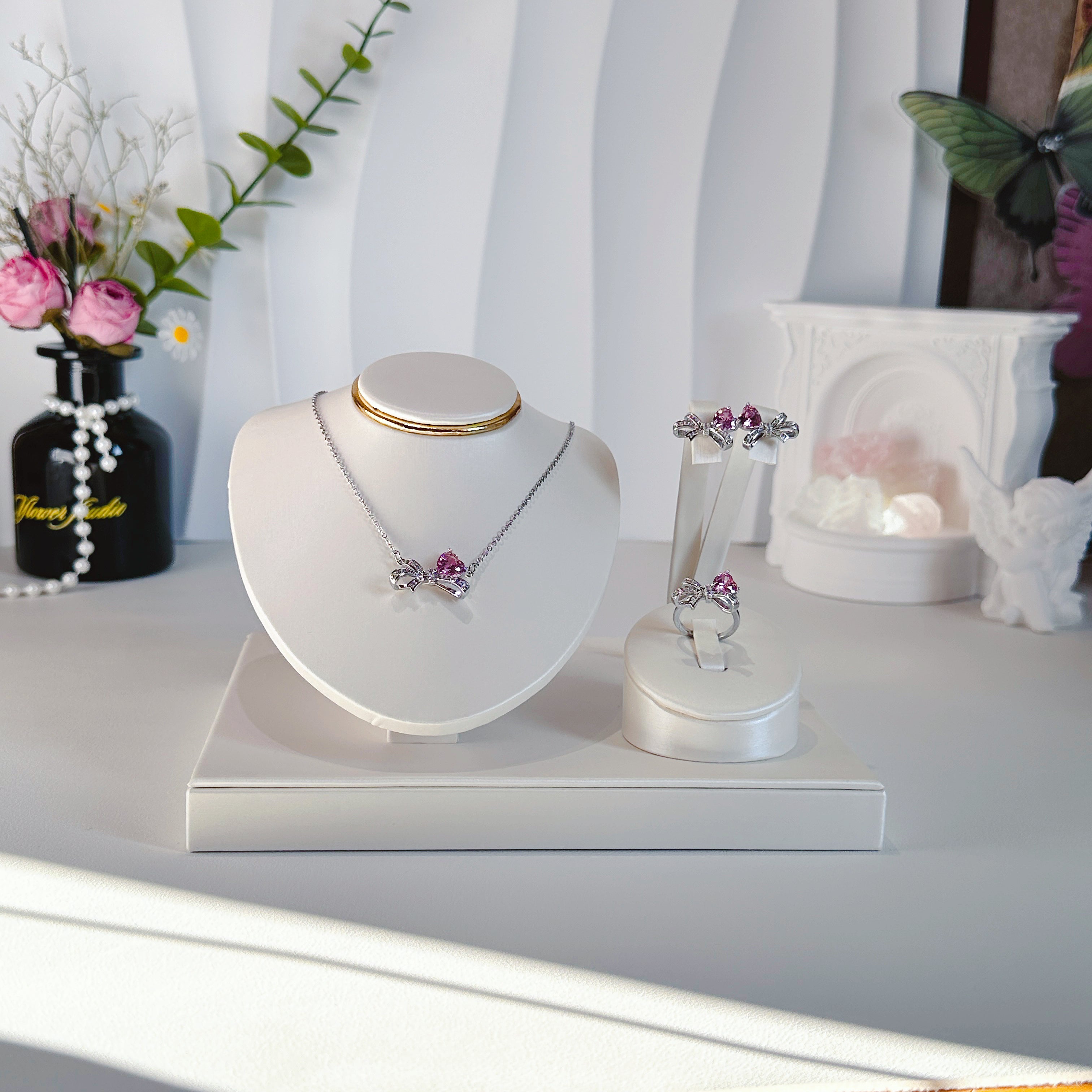 Bow Knot Jewelry Set - Necklace, Earrings & Ring with Pink Zircon | Delicate & Feminine Trio - Pale Luna Jewelry