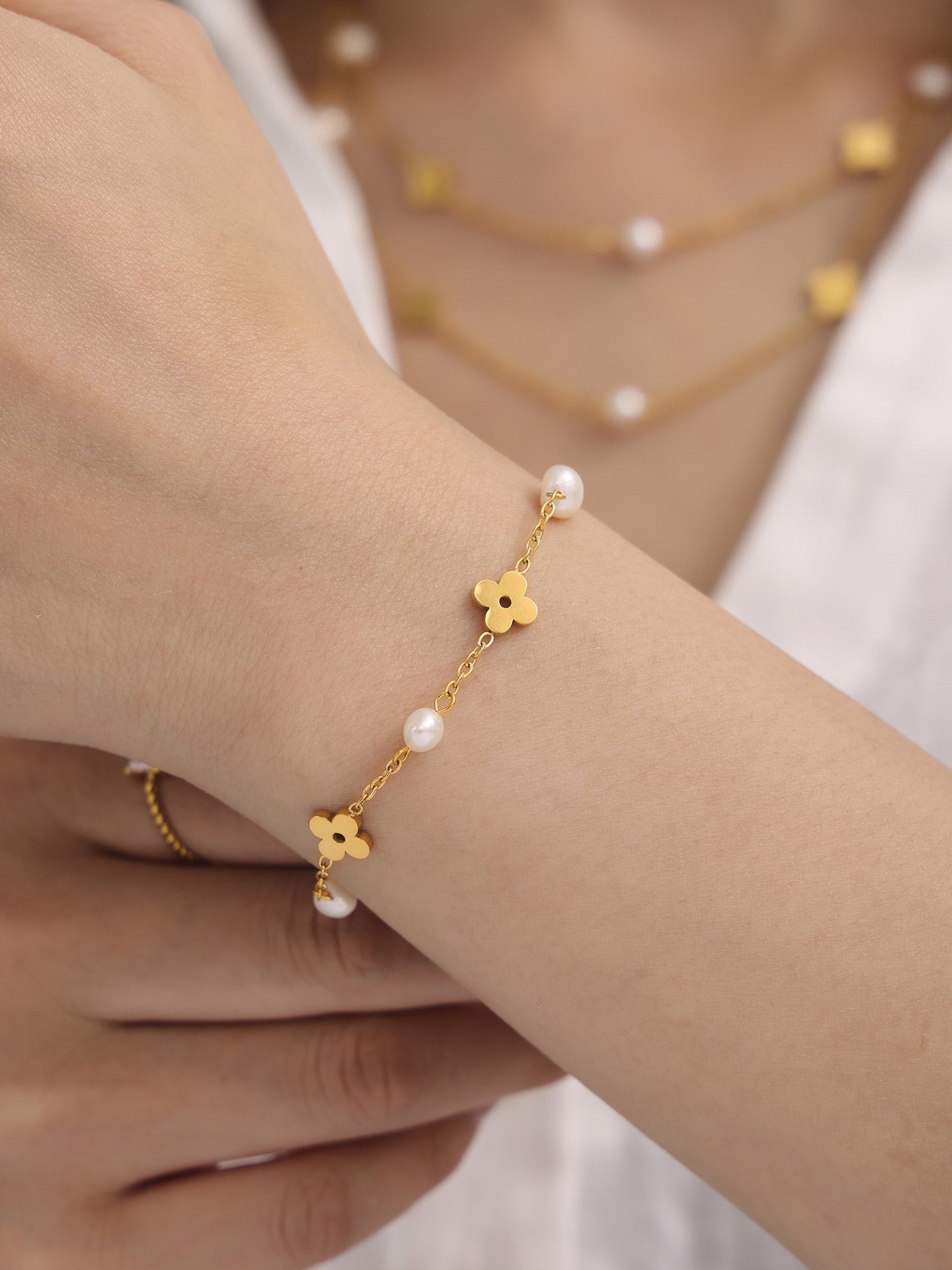 The Pearl Chain Blossom Set - Freshwater Pearl & Floral Link Necklace & Bracelet