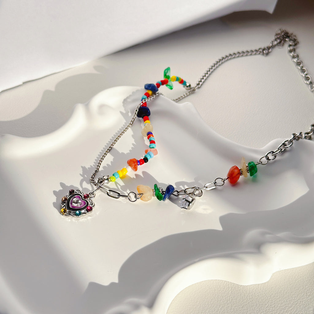 The Rainbow Heart Pendant | Multi-Gemstone Heart Necklace in Titanium Steel